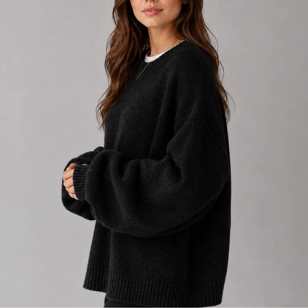 Women’s Oversized Knit Jumper – Crew Neck Sweater with Balloon Sleeves