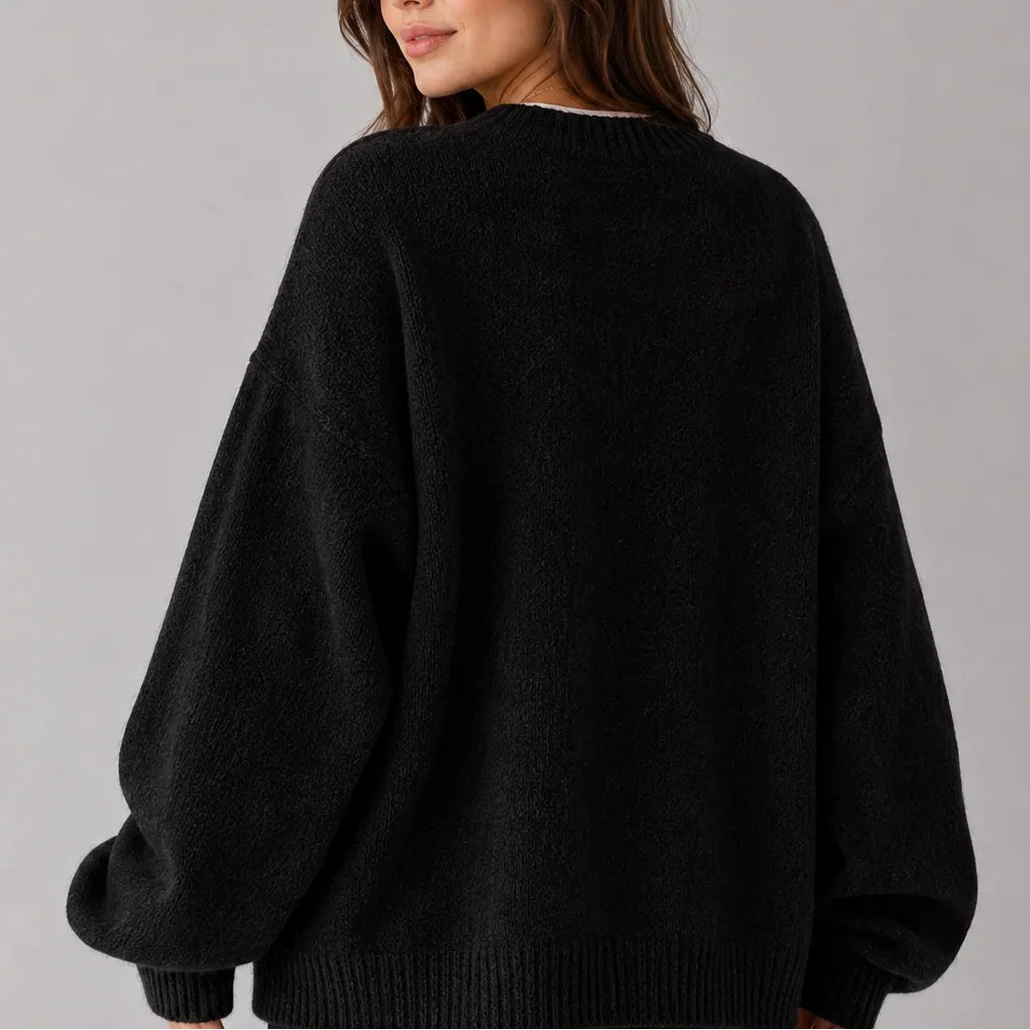 Women’s Oversized Knit Jumper – Crew Neck Sweater with Balloon Sleeves