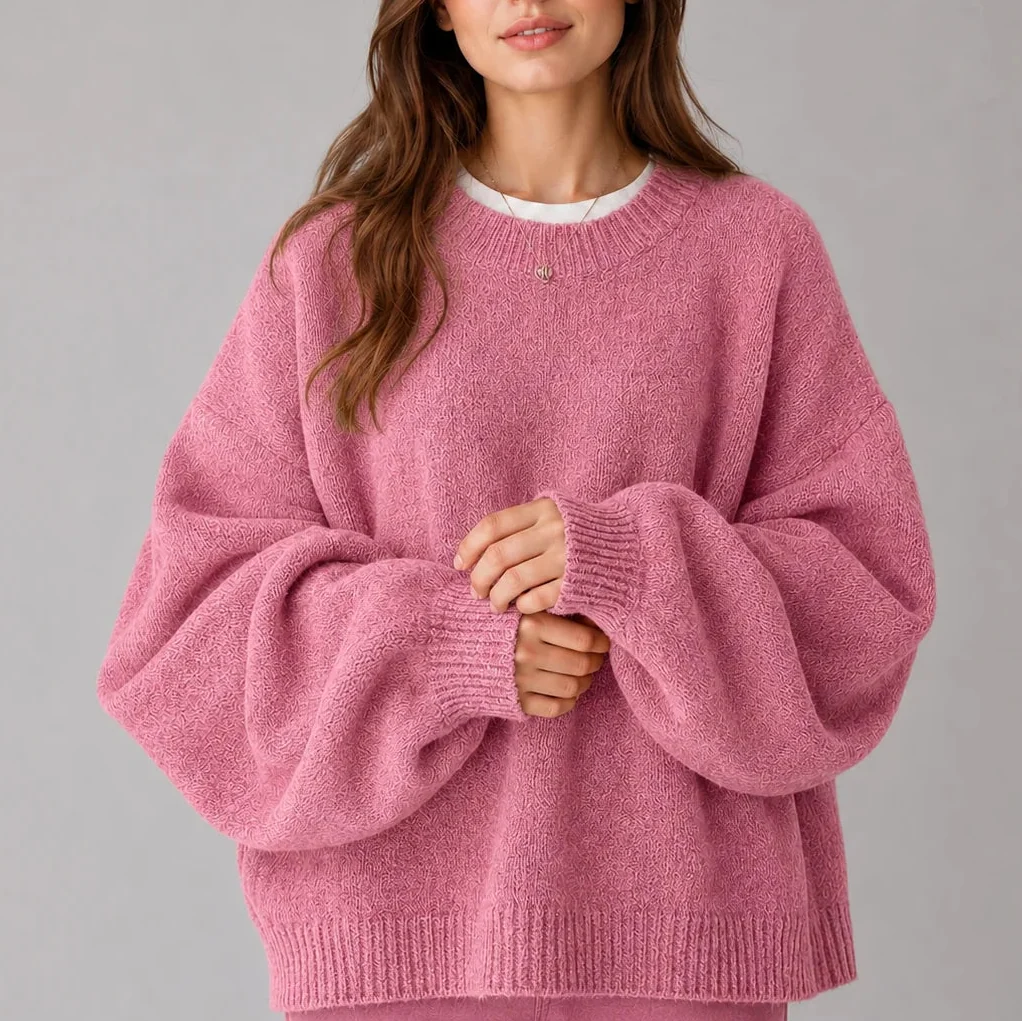 Women’s Oversized Knit Jumper – Crew Neck Sweater with Balloon Sleeves