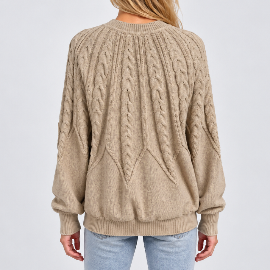 Women’s Cable Knit Crew Neck Sweater with Balloon Sleeves