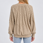 Women’s Cable Knit Crew Neck Sweater with Balloon Sleeves