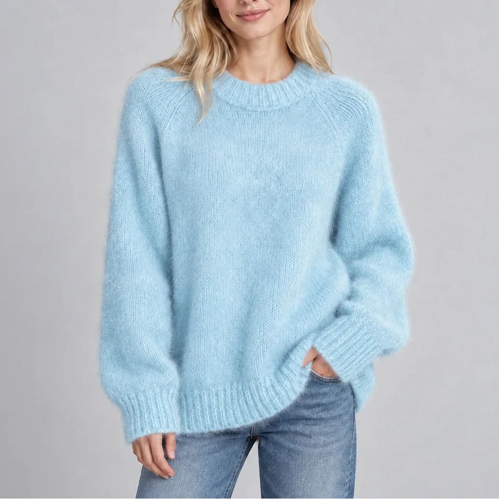 Women’s Relaxed Fit Fluffy Knit Jumper with Crew Neck and Long Sleeves