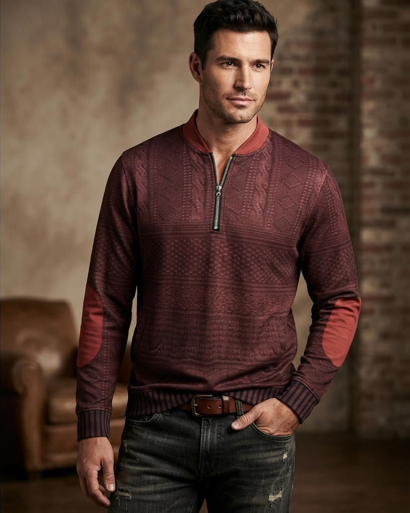 Men's Knit Sweater with Quarter Zip and Pattern Panels