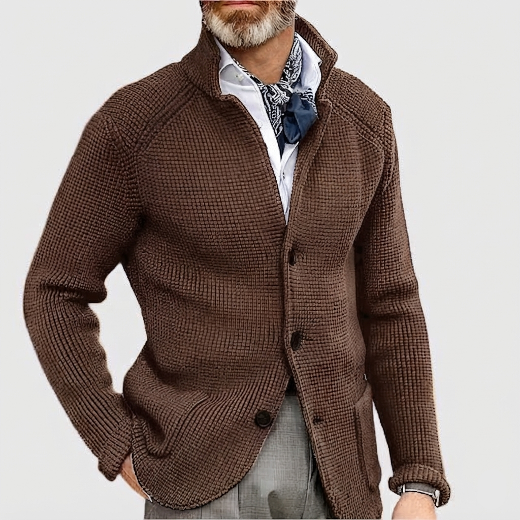 Men's Waffle-Knit Cardigan Sweater with Stand Collar and Button Front