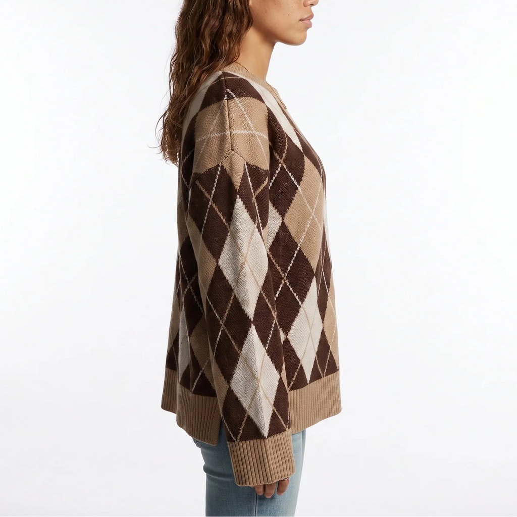 Women’s Diamond Pattern Knit Jumper – Round Neck Long Sleeve Sweater