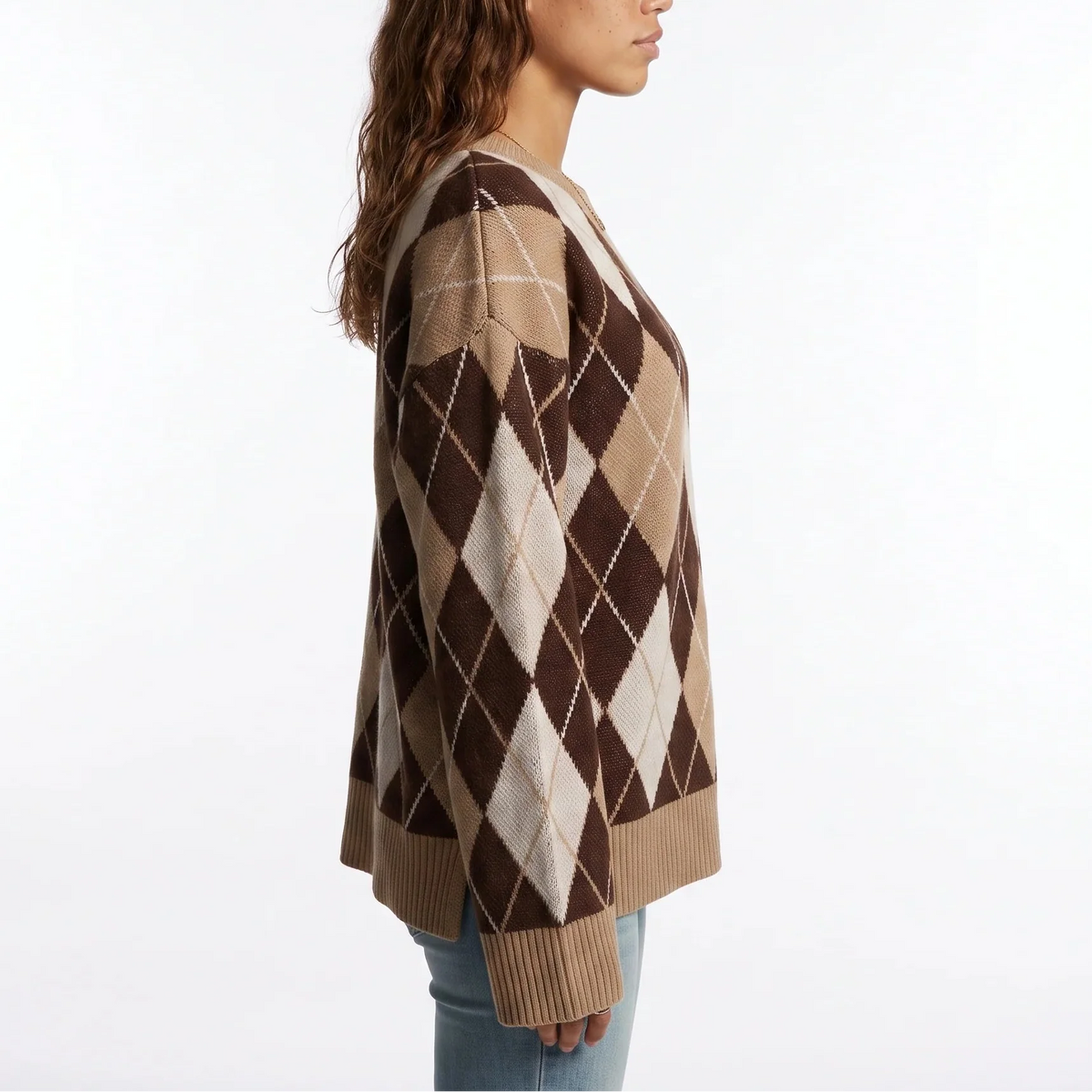 Women’s Diamond Pattern Knit Jumper – Round Neck Long Sleeve Sweater