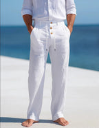 Casual Linen-Blend Pants with Button Fly and Drawstring Waist