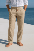Casual Linen-Blend Pants with Button Fly and Drawstring Waist