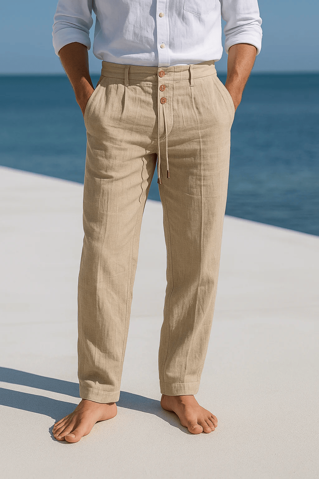 Casual Linen-Blend Pants with Button Fly and Drawstring Waist
