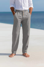 Casual Linen-Blend Pants with Button Fly and Drawstring Waist