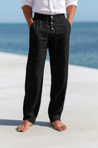 Casual Linen-Blend Pants with Button Fly and Drawstring Waist