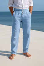 Casual Linen-Blend Pants with Button Fly and Drawstring Waist