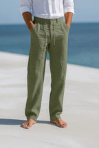 Casual Linen-Blend Pants with Button Fly and Drawstring Waist