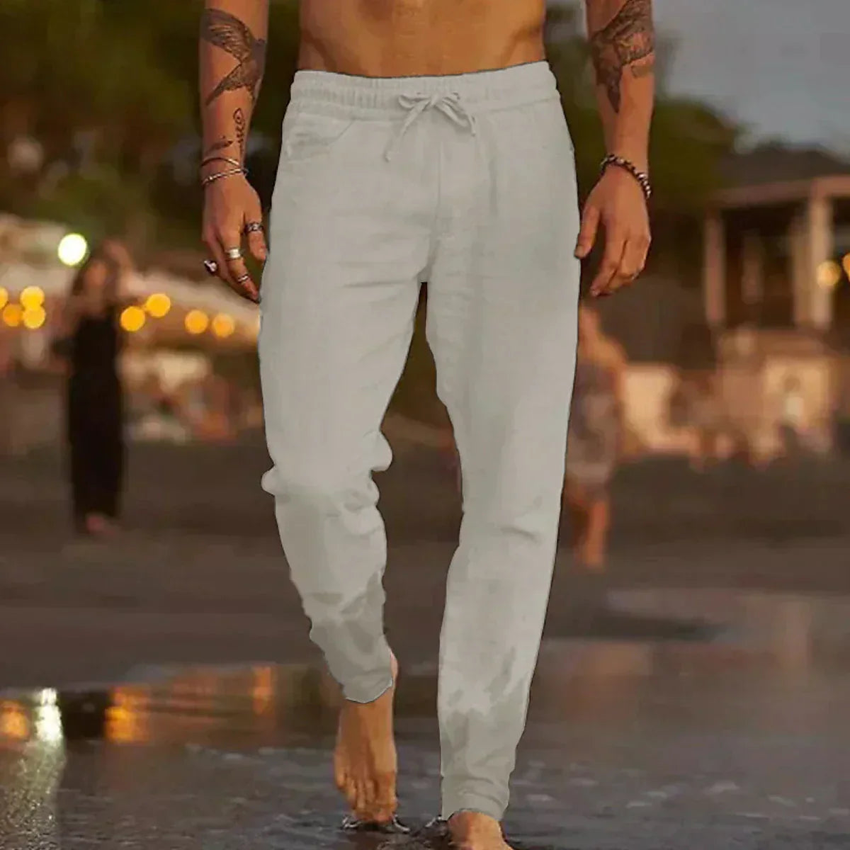 Casual Textured Pants with Drawstring Waist and Tapered Legs