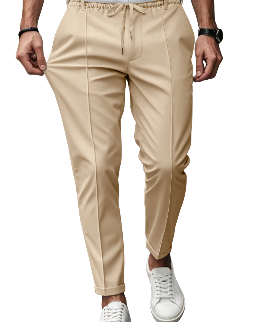 Casual Woven Pants with Drawstring Waist and Creased Front