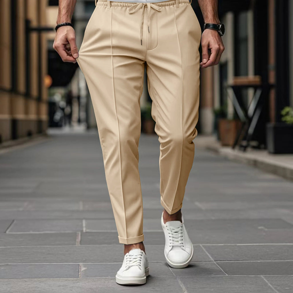 Casual Woven Pants with Drawstring Waist and Creased Front