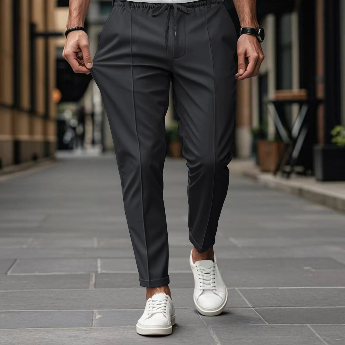 Casual Woven Pants with Drawstring Waist and Creased Front