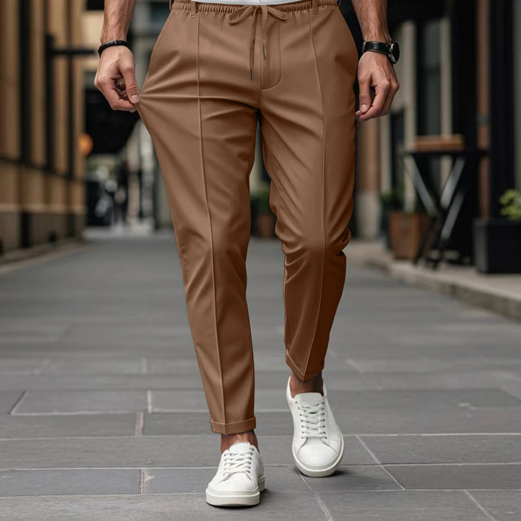 Casual Woven Pants with Drawstring Waist and Creased Front