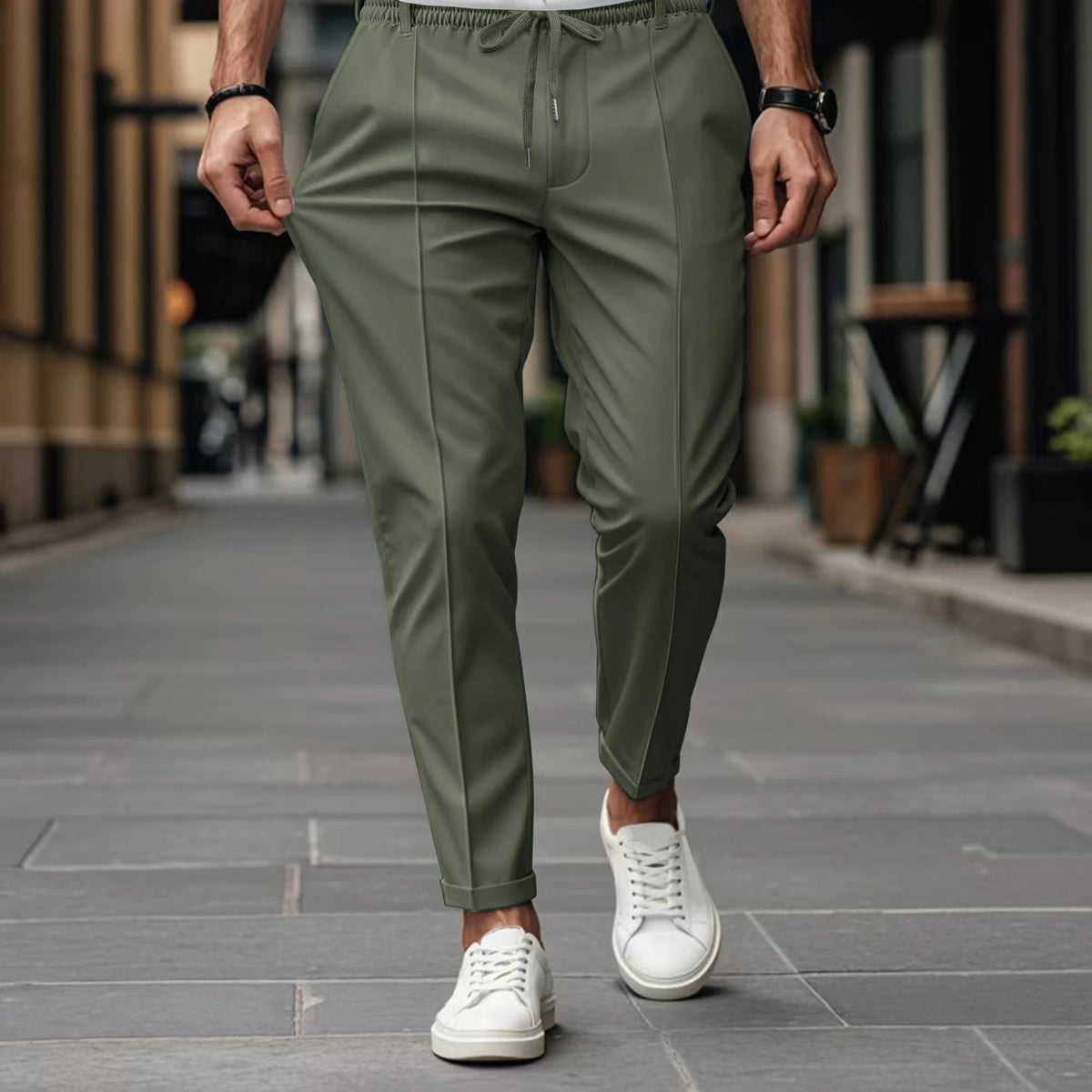 Casual Woven Pants with Drawstring Waist and Creased Front