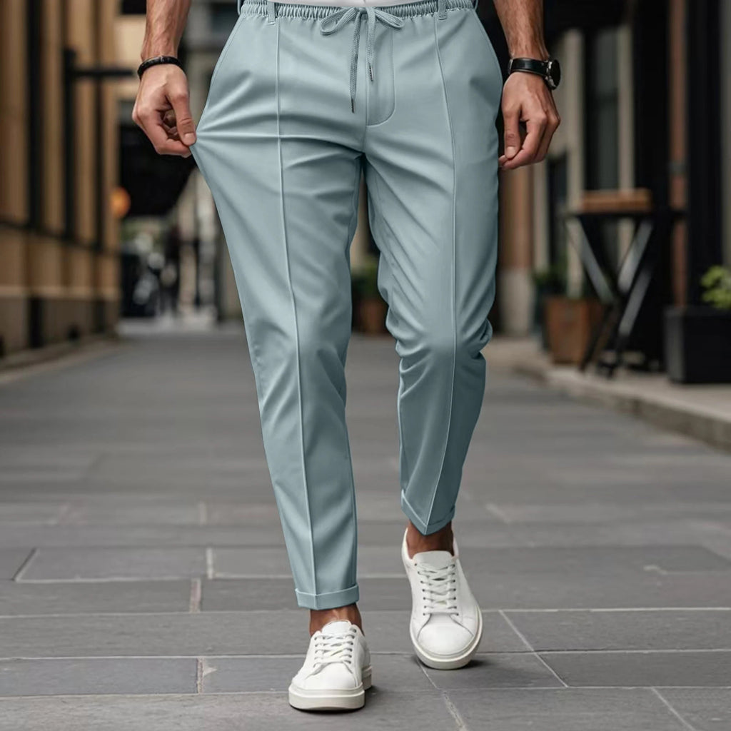 Casual Woven Pants with Drawstring Waist and Creased Front