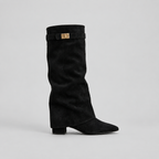 Women’s Knee High Boots with Low Block Heel & Gold Buckle Detail
