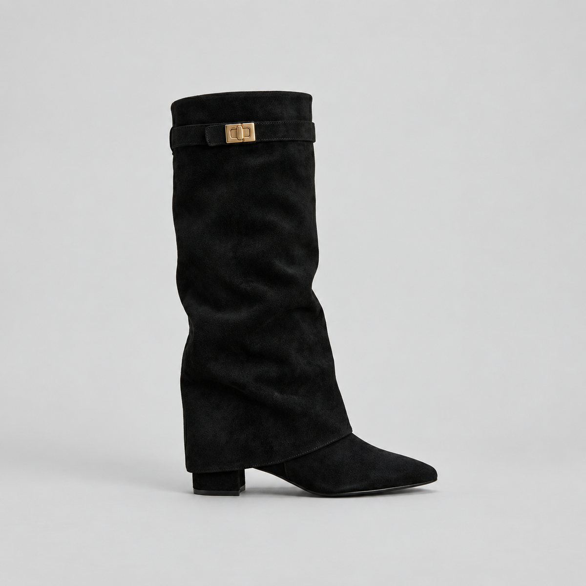 Women’s Knee High Boots with Low Block Heel & Gold Buckle Detail