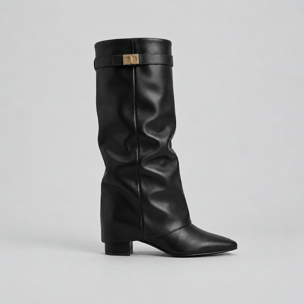 Women’s Knee High Boots with Low Block Heel & Gold Buckle Detail