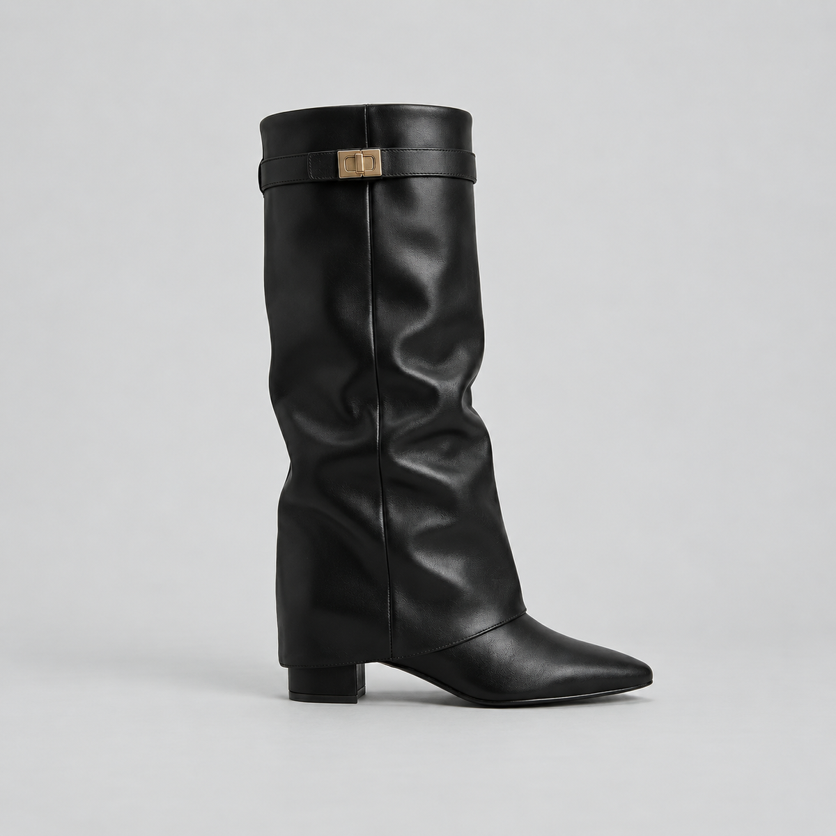 Women’s Knee High Boots with Low Block Heel & Gold Buckle Detail
