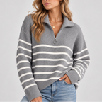 Women's Striped Quarter Zip Knit Sweater – Relaxed Fit Pullover