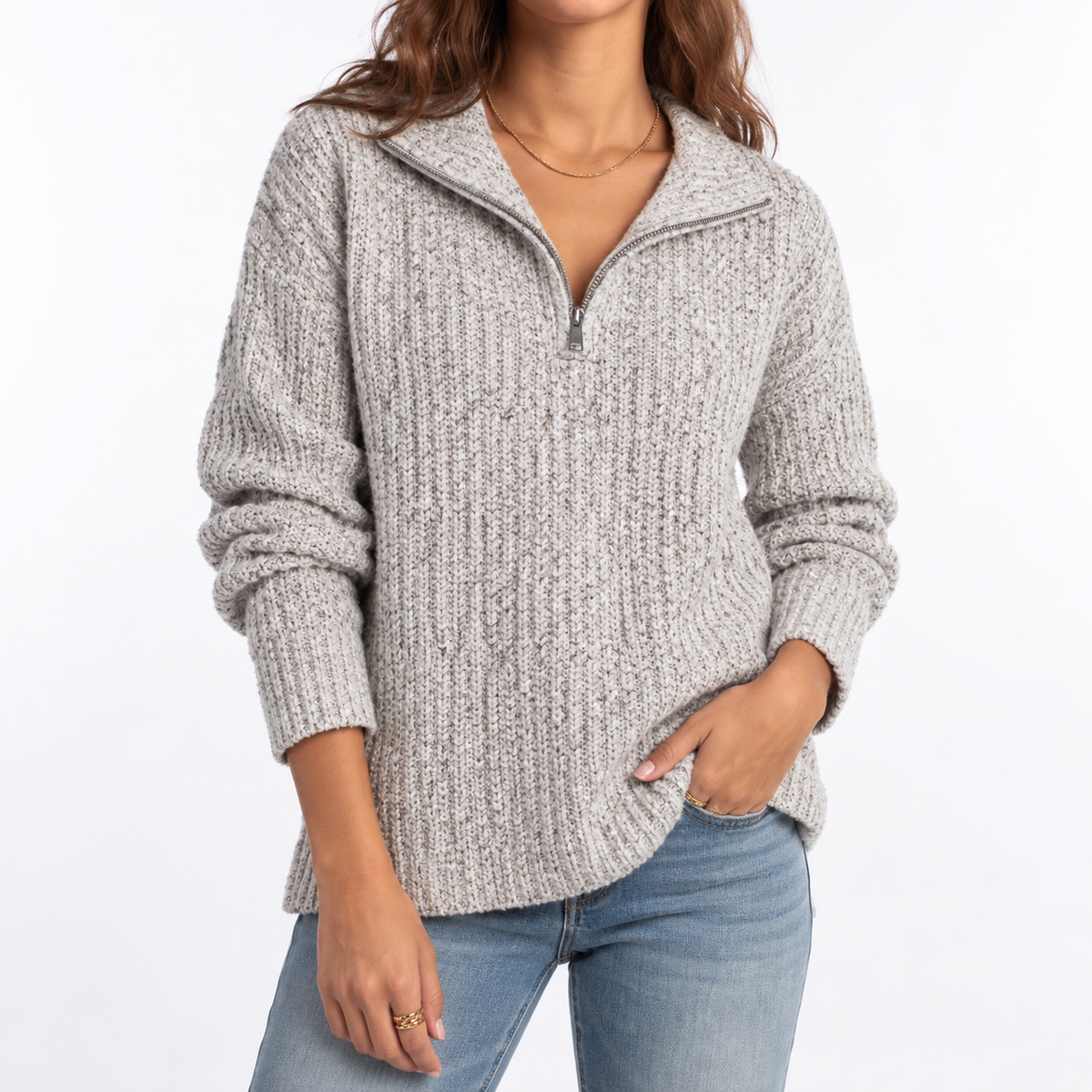 Women's Textured Knit Sweater – Quarter Zip & Relaxed Fit