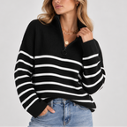 Women's Striped Quarter Zip Knit Sweater – Relaxed Fit Pullover