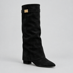 Women’s Knee High Boots with Low Block Heel & Gold Buckle Detail