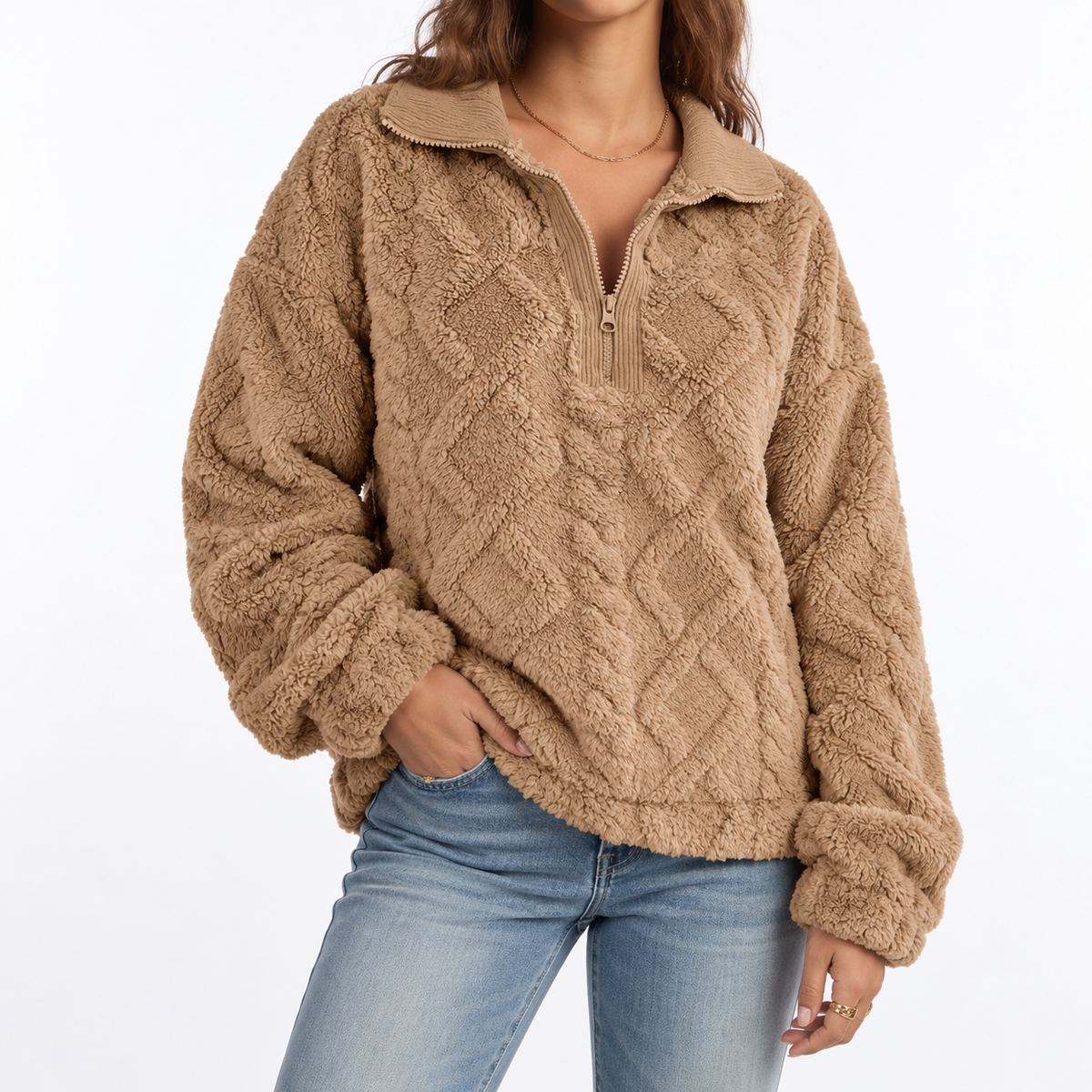 Women's Textured Fleece Pullover – Quarter Zip & Relaxed Fit