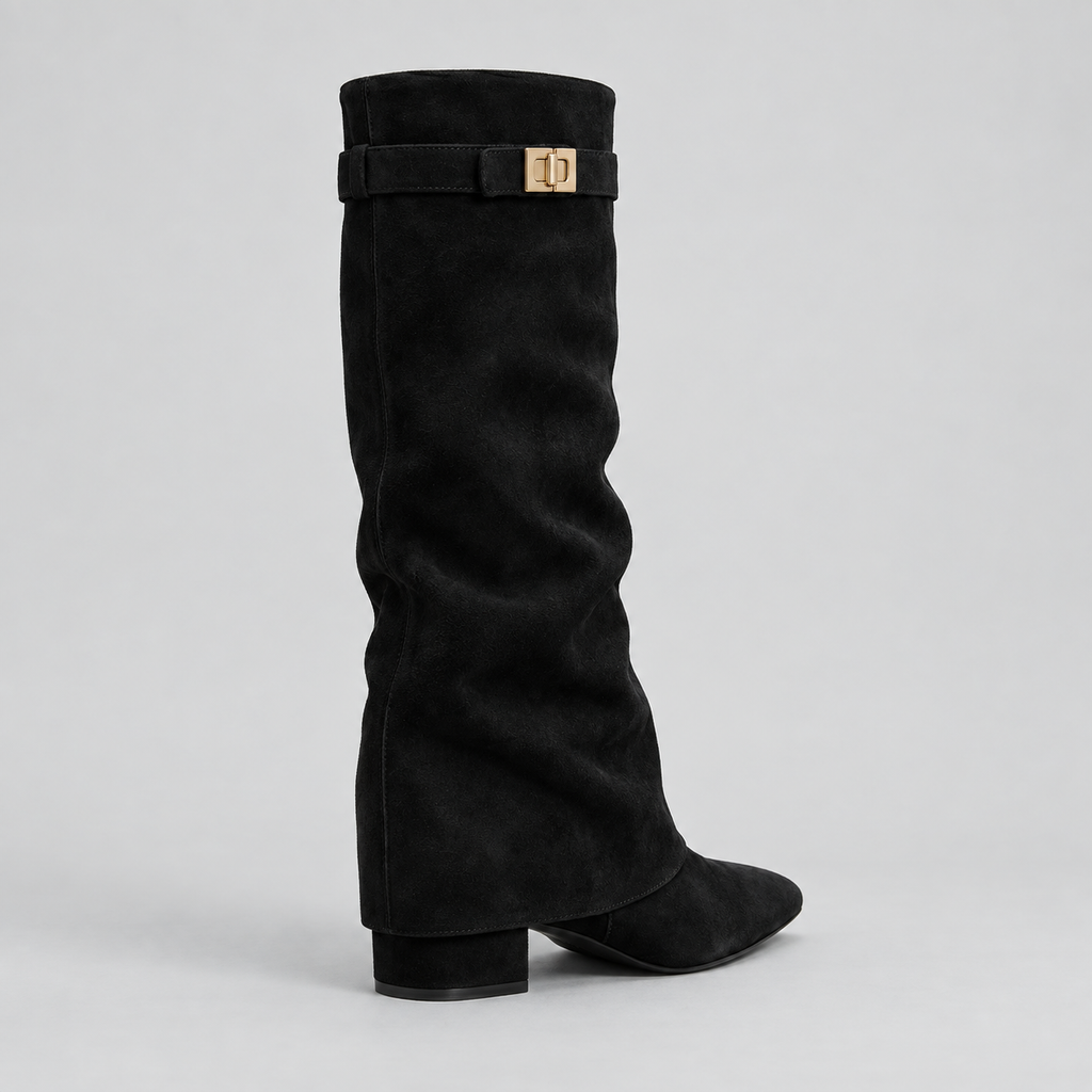 Women’s Knee High Boots with Low Block Heel & Gold Buckle Detail