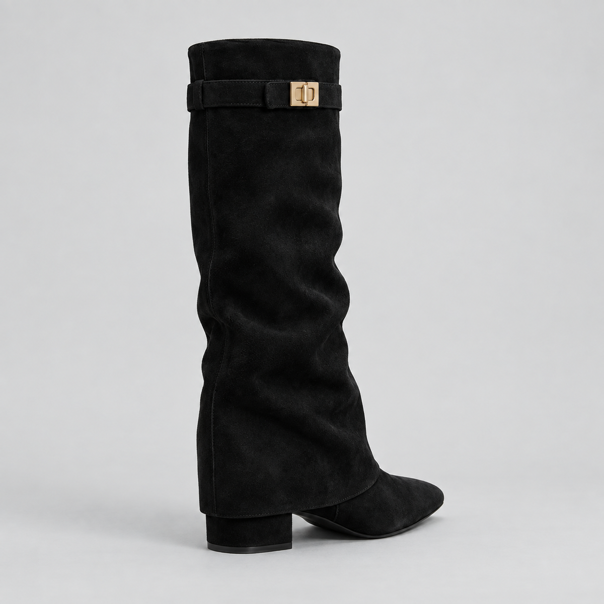Women’s Knee High Boots with Low Block Heel & Gold Buckle Detail