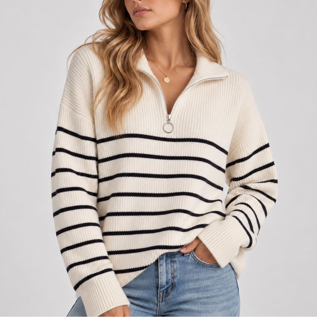 Women's Striped Quarter Zip Knit Sweater – Relaxed Fit Pullover
