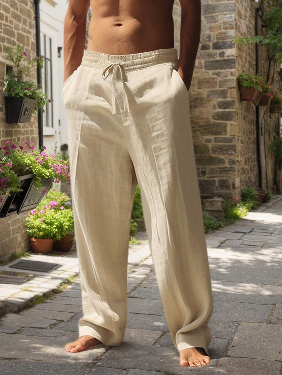 Men's Casual Straight-Leg Pants with Drawstring Waist and Slant Pockets