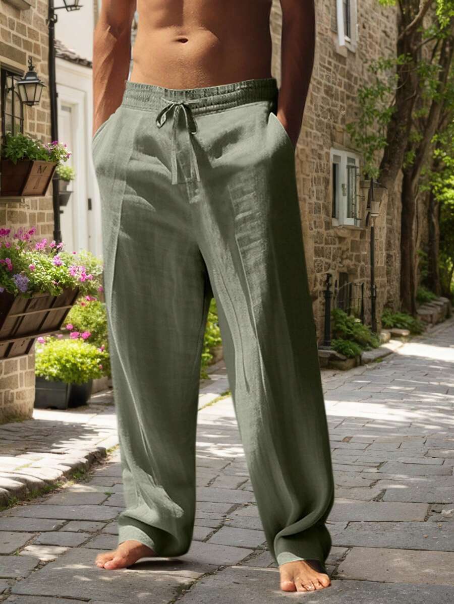 Men's Casual Straight-Leg Pants with Drawstring Waist and Slant Pockets