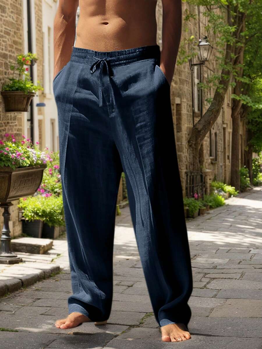 Men's Casual Straight-Leg Pants with Drawstring Waist and Slant Pockets