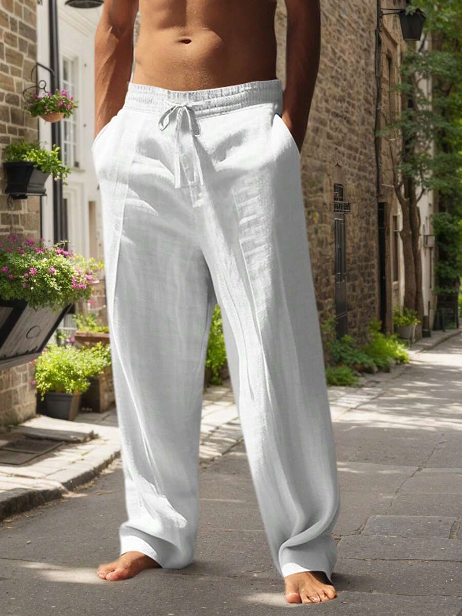 Men's Casual Straight-Leg Pants with Drawstring Waist and Slant Pockets