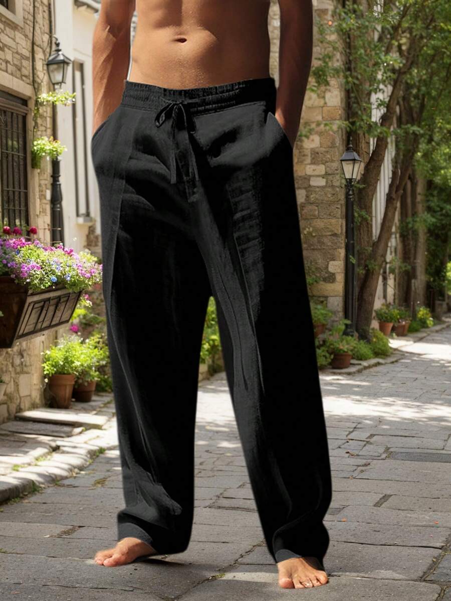 Men's Casual Straight-Leg Pants with Drawstring Waist and Slant Pockets