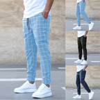 Men's Casual Woven Pants with Drawstring Waist and Grid Pattern