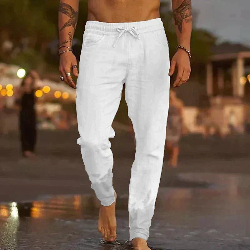 Men's Linen Blend Pants with Drawstring Waist and Gathered Ankles