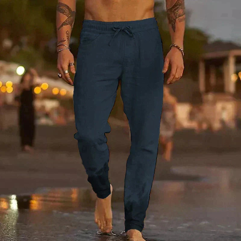 Men's Linen Blend Pants with Drawstring Waist and Gathered Ankles