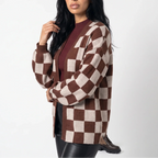 Women’s Checkerboard Knit Cardigan – Relaxed Fit Casual Sweater Jacket