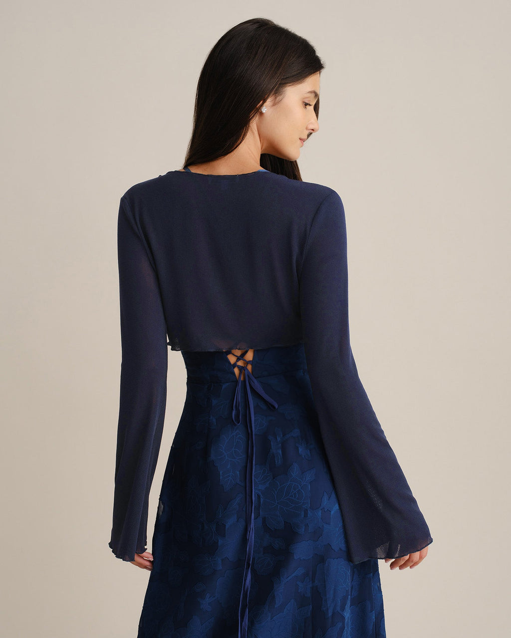 Navy V Neck Bell Sleeve Blouse