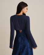 Navy V Neck Bell Sleeve Blouse