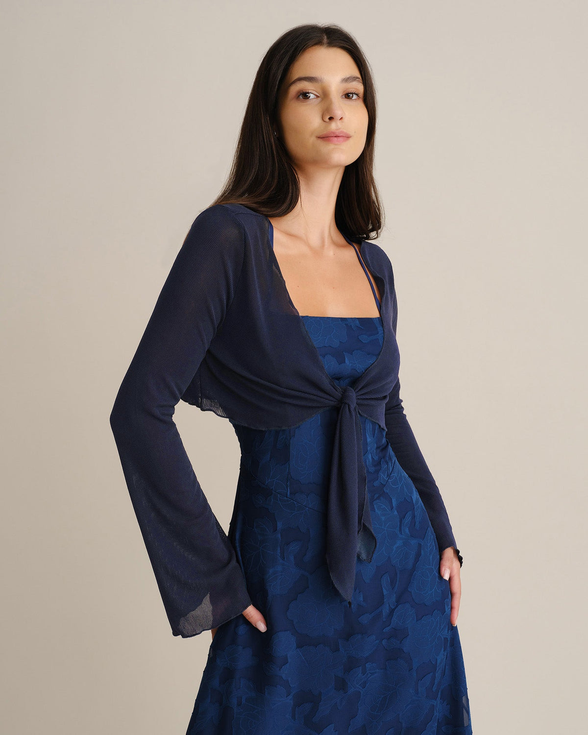 Navy V Neck Bell Sleeve Blouse