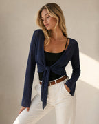 Navy V Neck Bell Sleeve Blouse