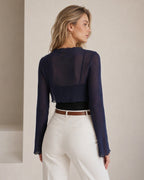 Navy V Neck Bell Sleeve Blouse